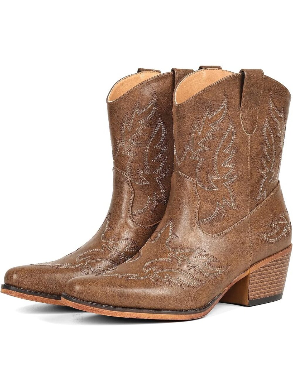 Women's Brown Pointed Toe Western Faux Leather Chunky Cowgirl Ankle Booties